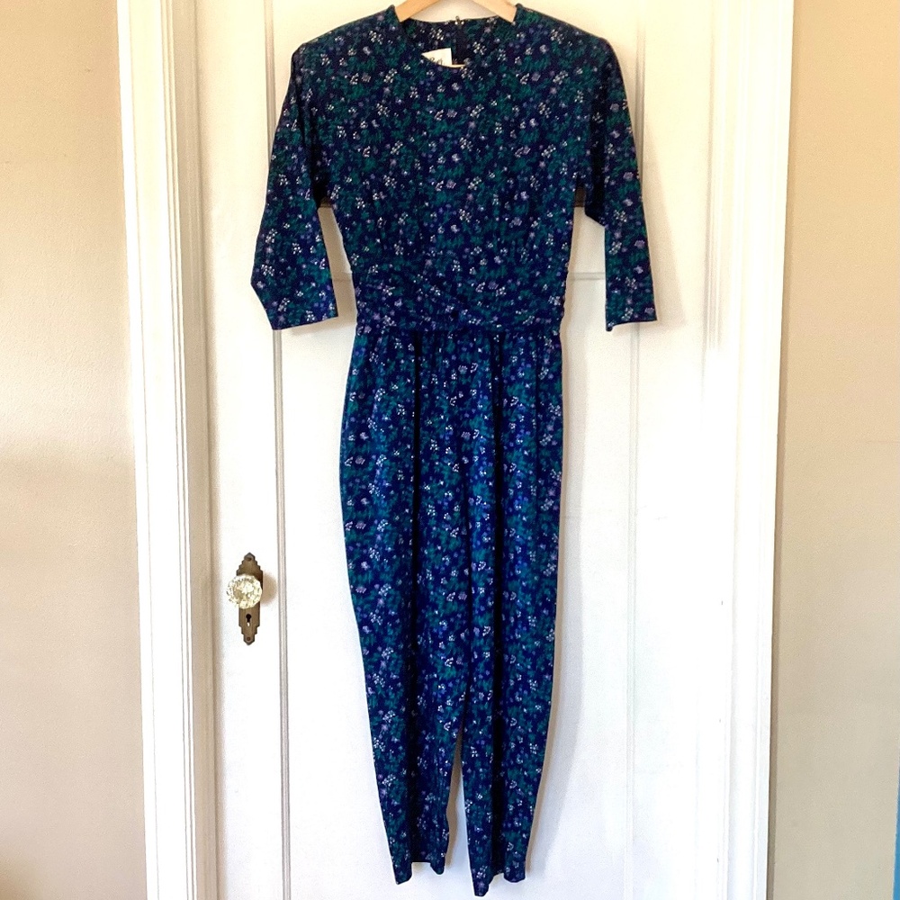 VTG Womens Floral Pant Jumpsuit sz 7 Blue 90s Cottagecore Coastal Prairie Party